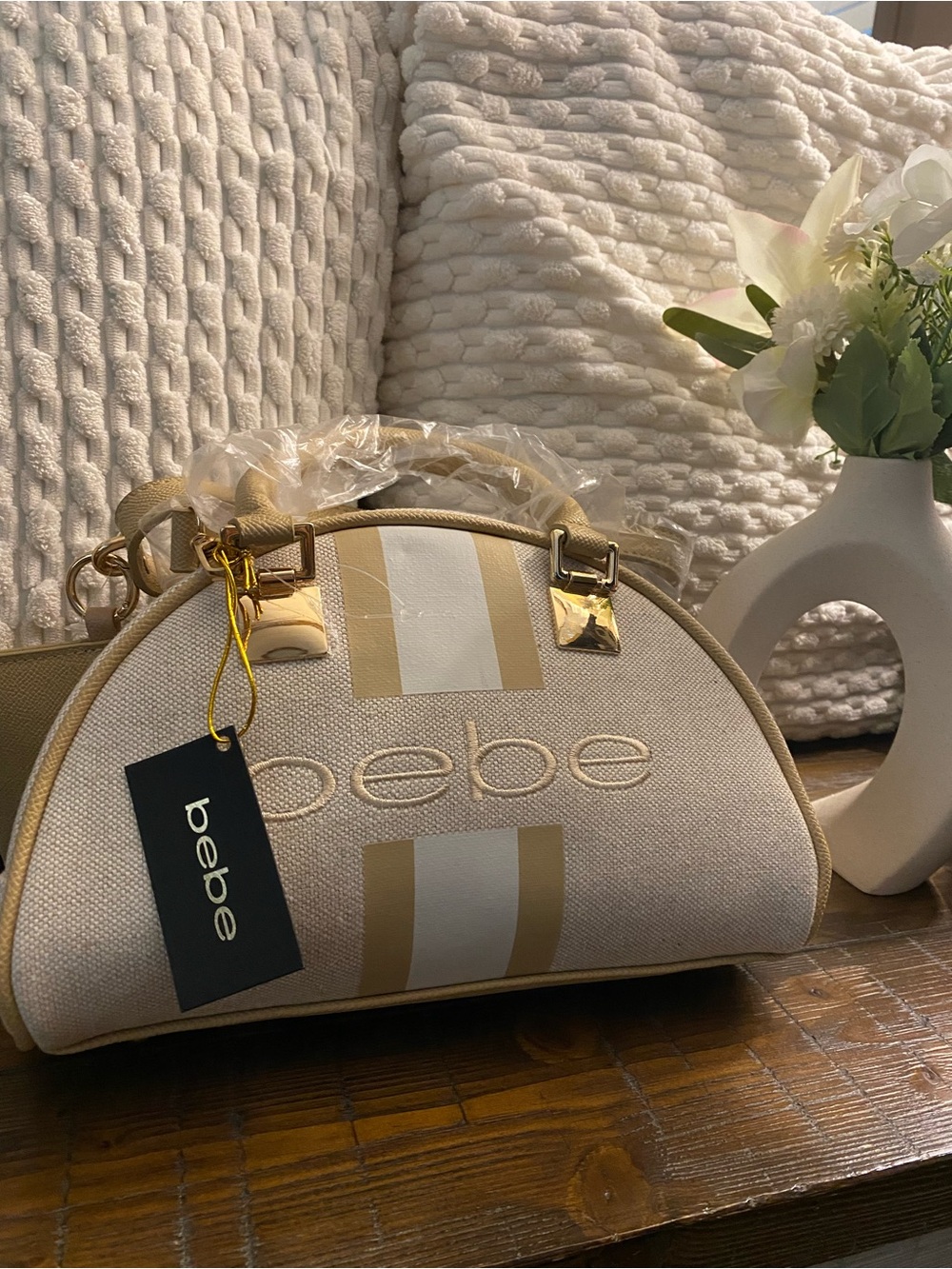 bebe Beige and Gold Dome Mini Satchel